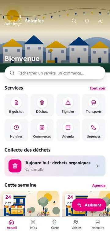 Accueil de l'application : services, collecte des déchets, événements de la semaine.