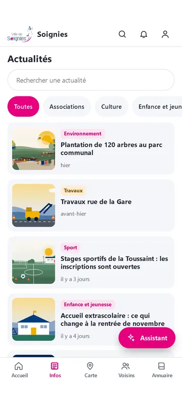 Fil d'actualités de la commune avec catégories.