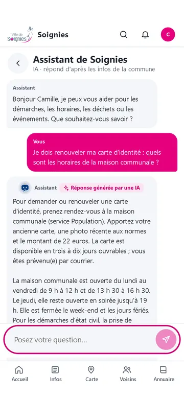 Conversation avec l'assistant, réponse signalée comme générée par une IA.