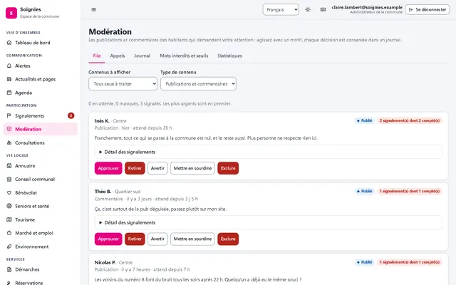 File de modération dans l'espace de gestion.