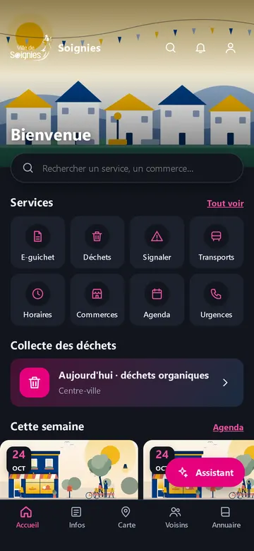 Accueil de l'application en mode sombre.