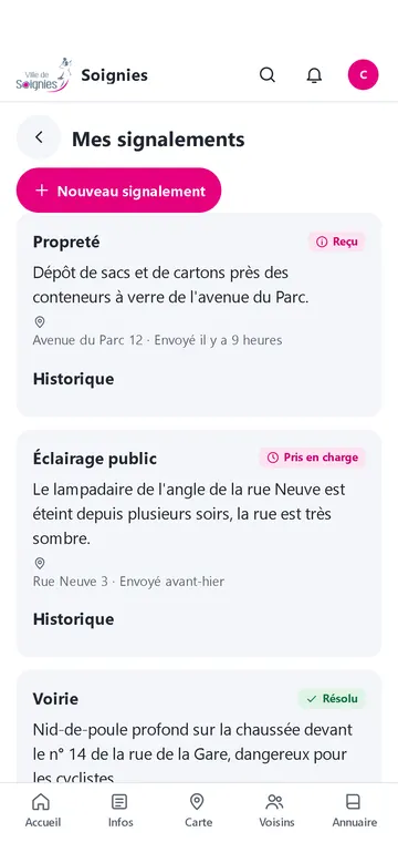 Liste des signalements d'un habitant avec leur statut.