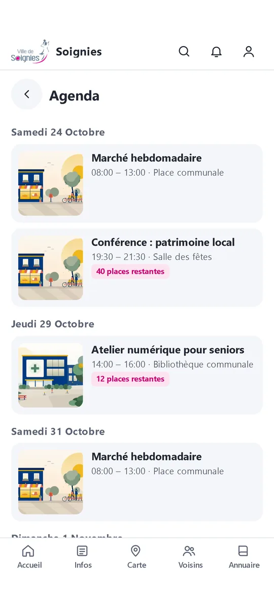 Application Placette : fil d'actualités de la commune et agenda des événements.