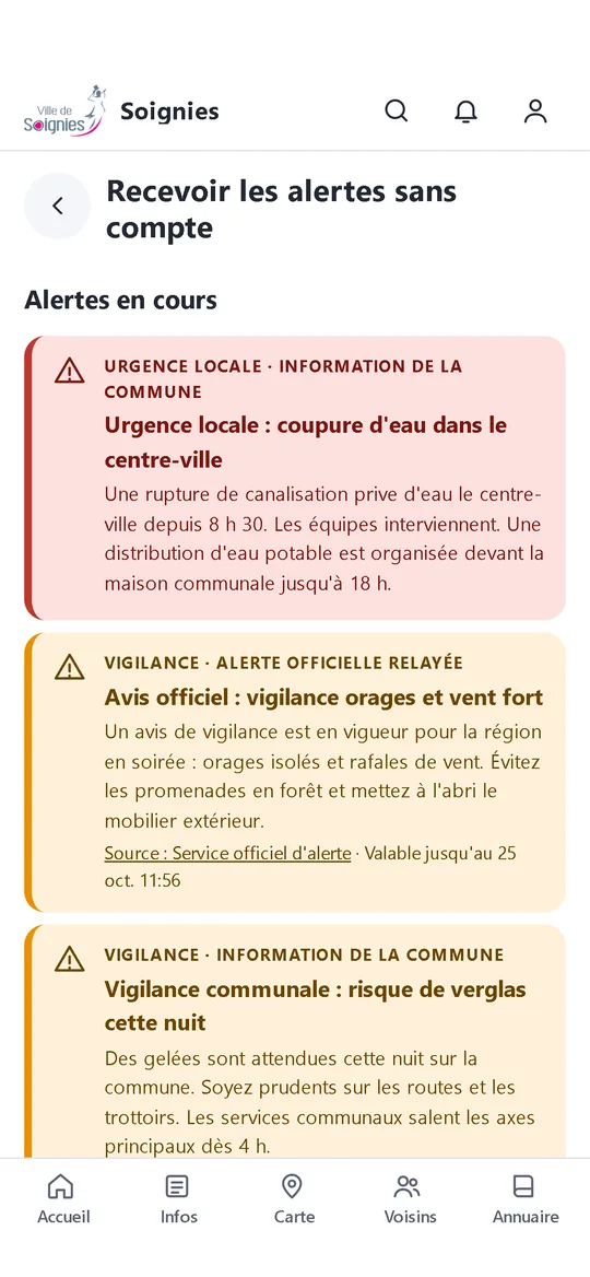 Application Placette : écran d'accueil de la commune avec ses services, et inscription aux alertes sans compte.