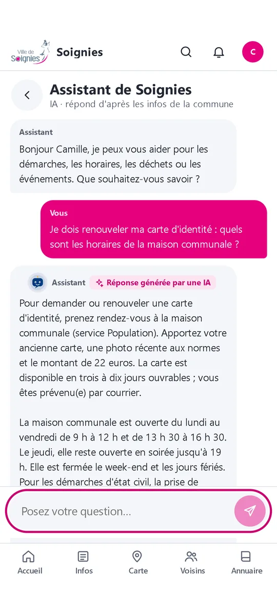 Application Placette : conversation avec l'assistant, qui cite ses sources.