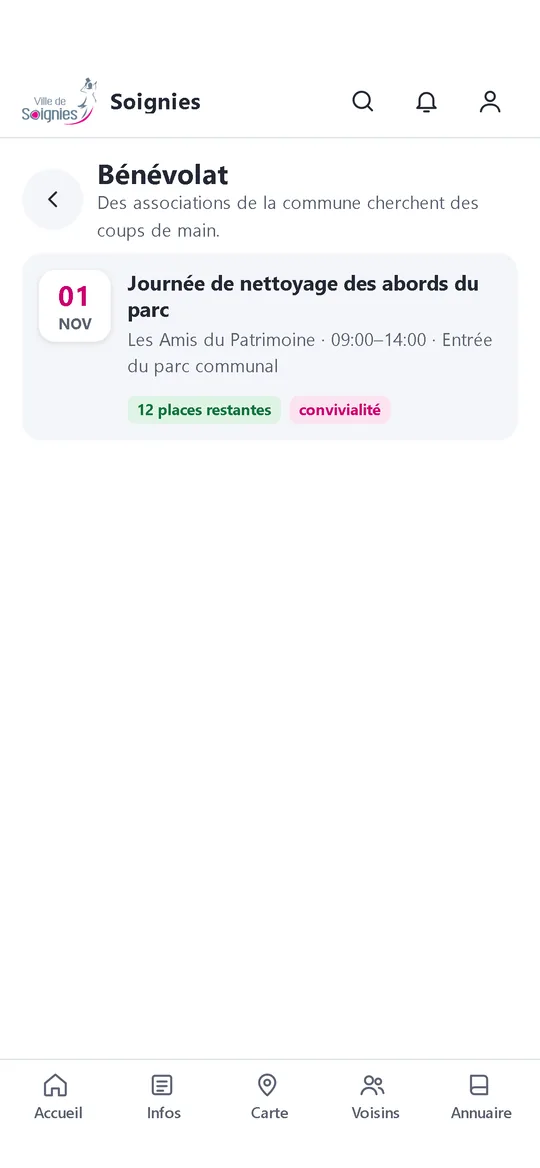 Application Placette : fil Voisins modéré et propositions de bénévolat.