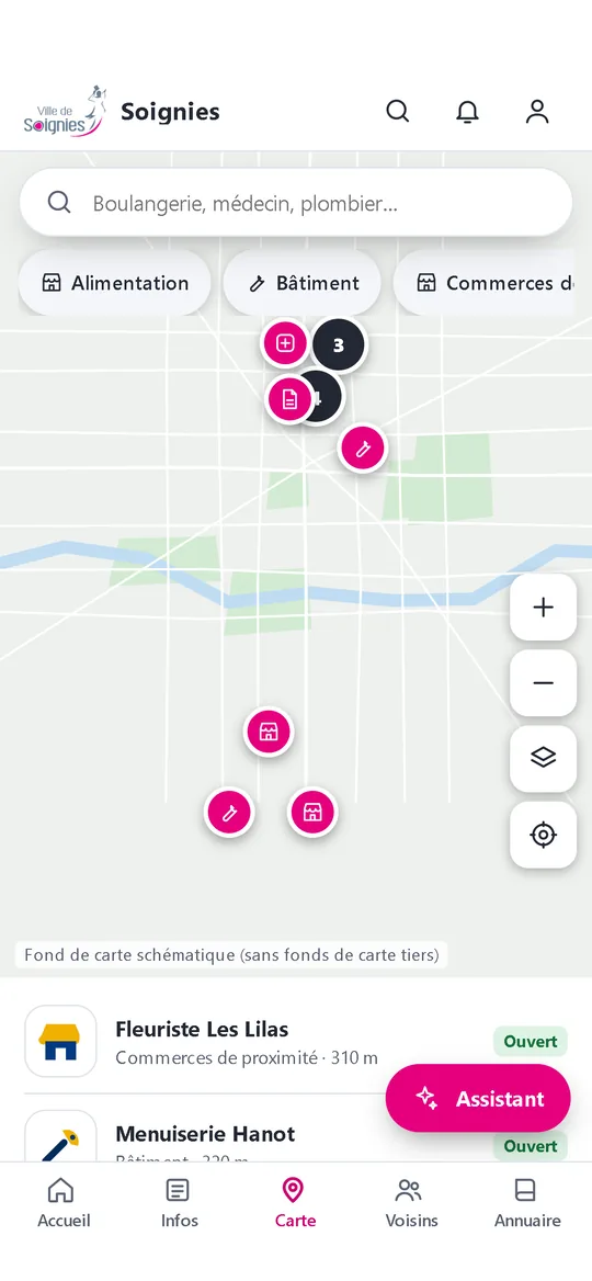 Application Placette : annuaire local, carte, démarches administratives et calendrier des déchets.