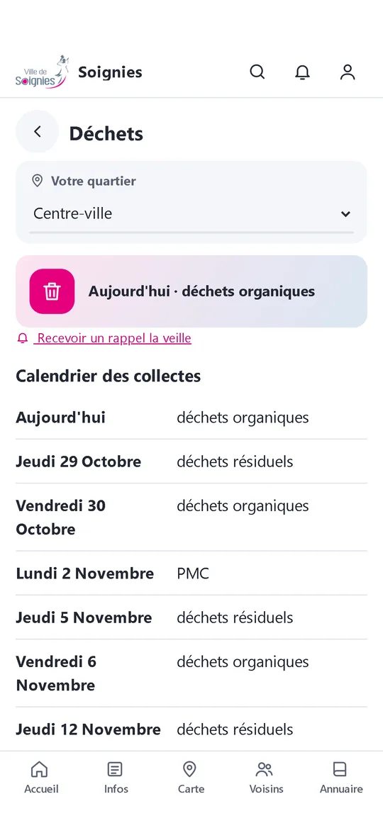 Application Placette : annuaire local, carte, démarches administratives et calendrier des déchets.
