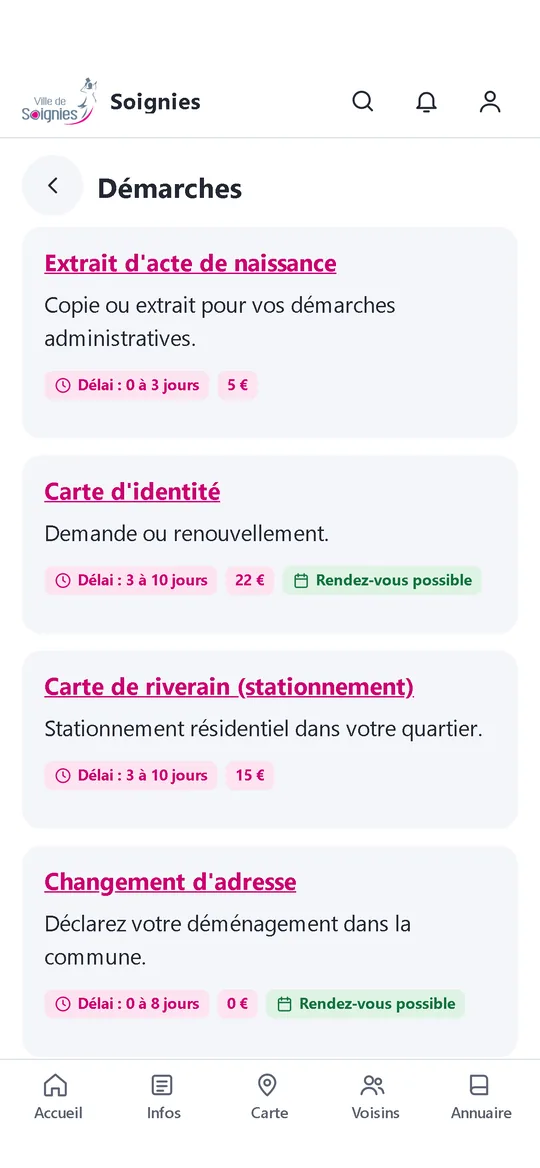 Application Placette : annuaire local, carte, démarches administratives et calendrier des déchets.