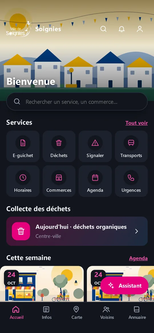 Application Placette : texte agrandi, et accueil en mode sombre.