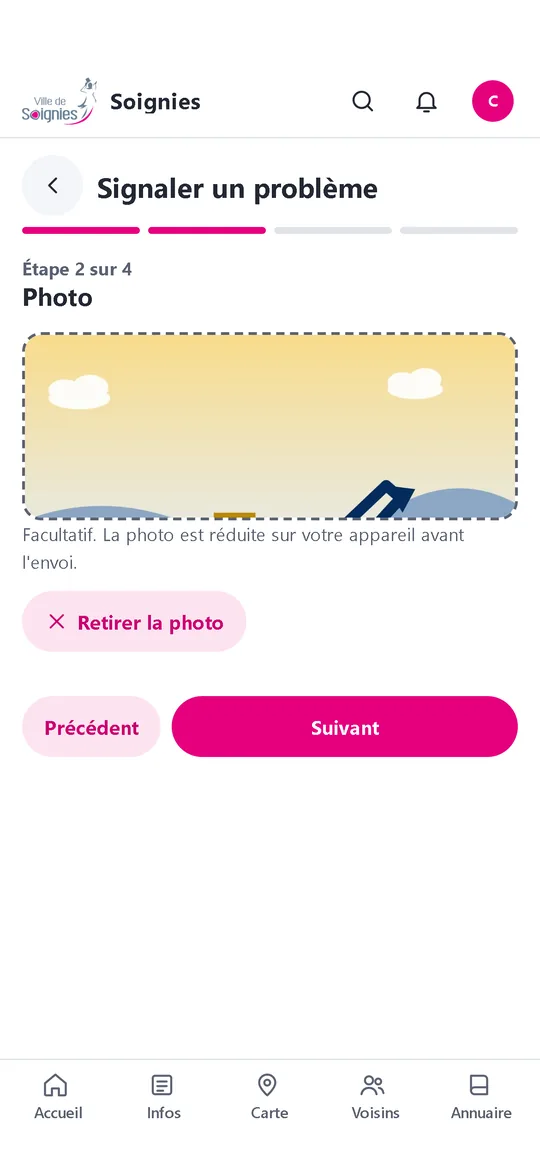 Application Placette : formulaire de signalement avec photo et liste des signalements suivis.