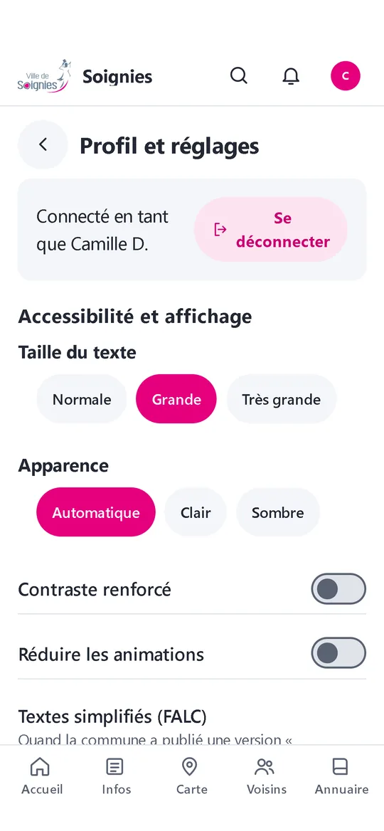 Application Placette : texte agrandi, et accueil en mode sombre.
