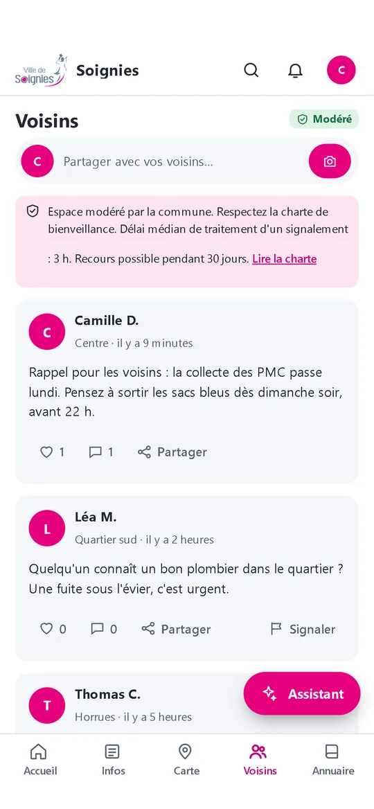 Application Placette : fil Voisins modéré et propositions de bénévolat.